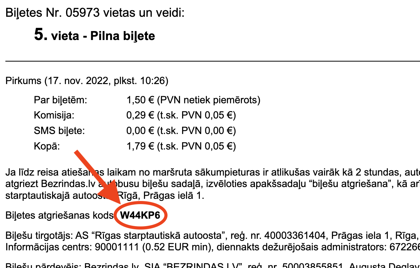 Biļetes atgriešanas kods